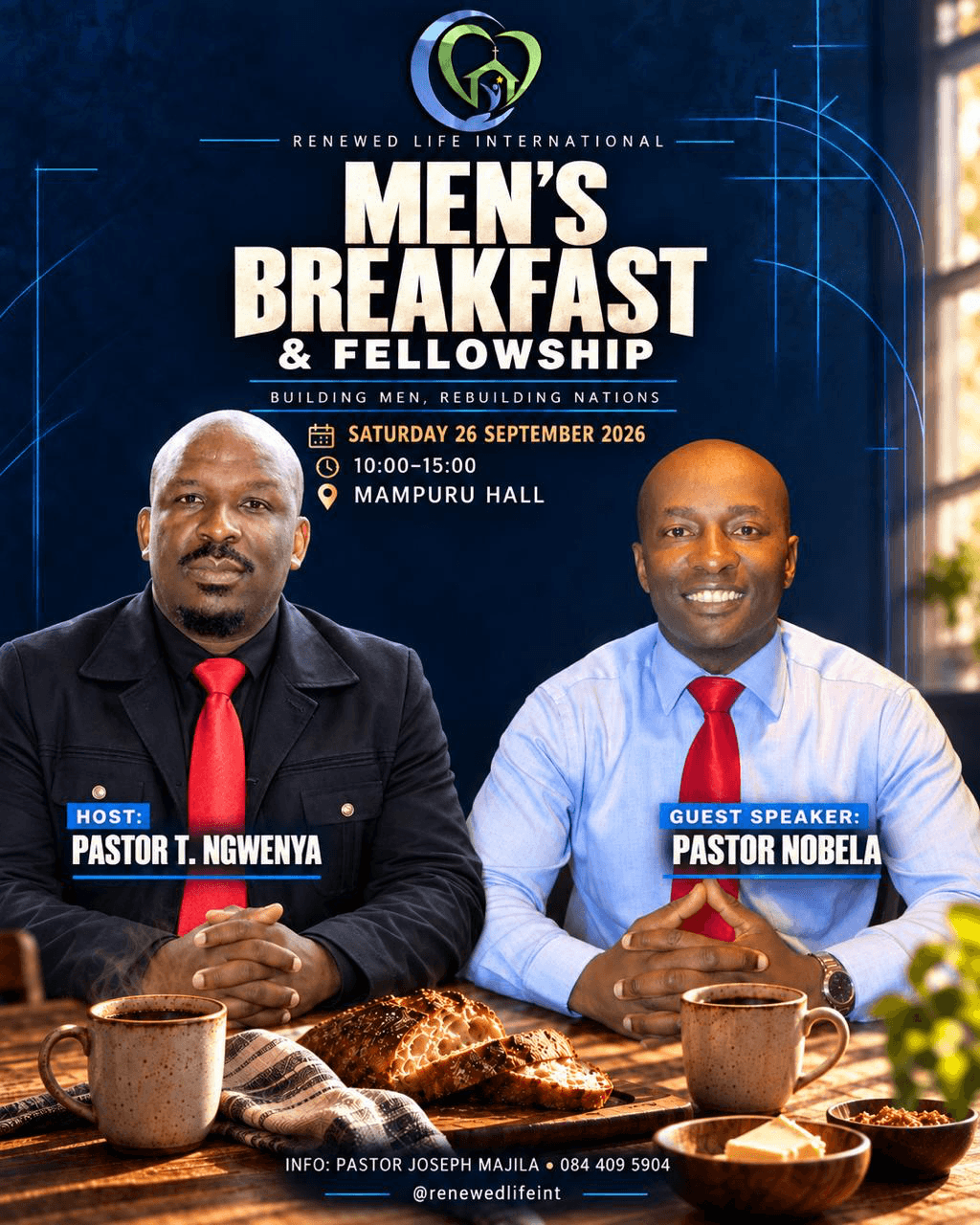 Original Men’s Breakfast and Fellowship poster with Pastor T. Ngwenya and Pastor Nobela. The printed end time is outdated: the confirmed event time is 10am–1pm.