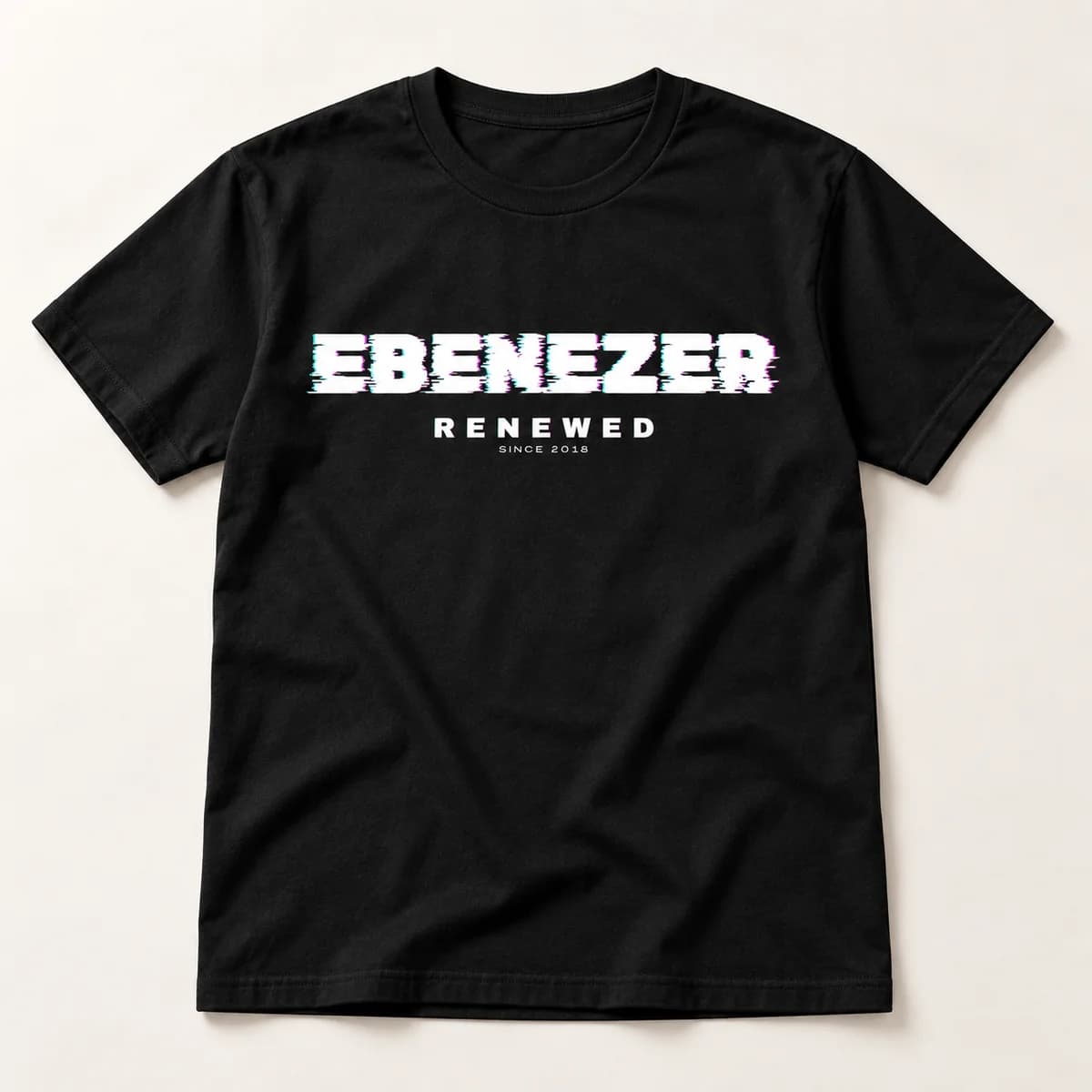 Ebenezer Renewed — black T-shirt — product visualization