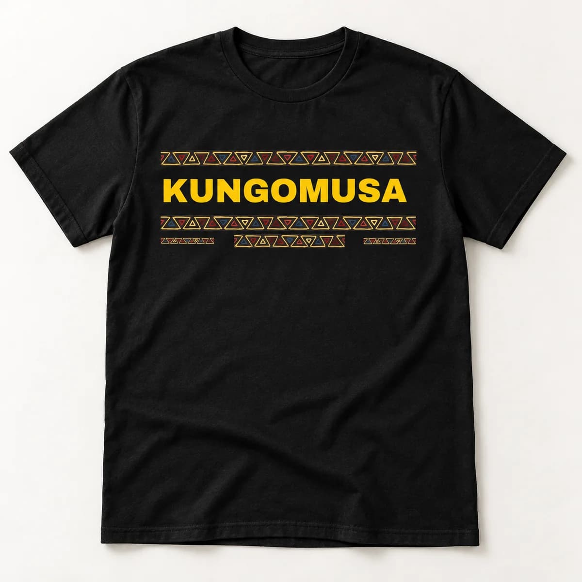 Kungomusa patterned — black T-shirt — product visualization