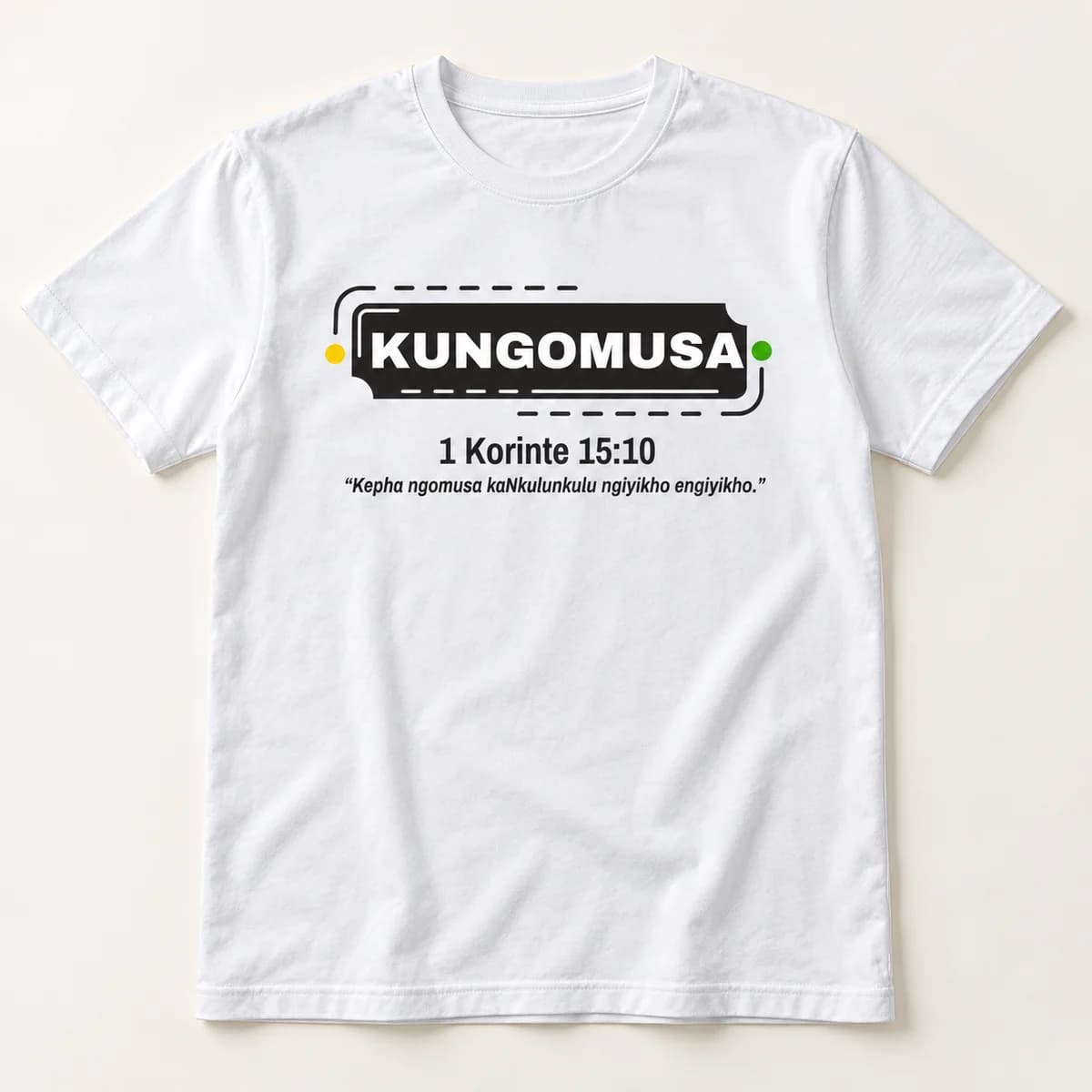 Kungomusa label — white T-shirt — product visualization