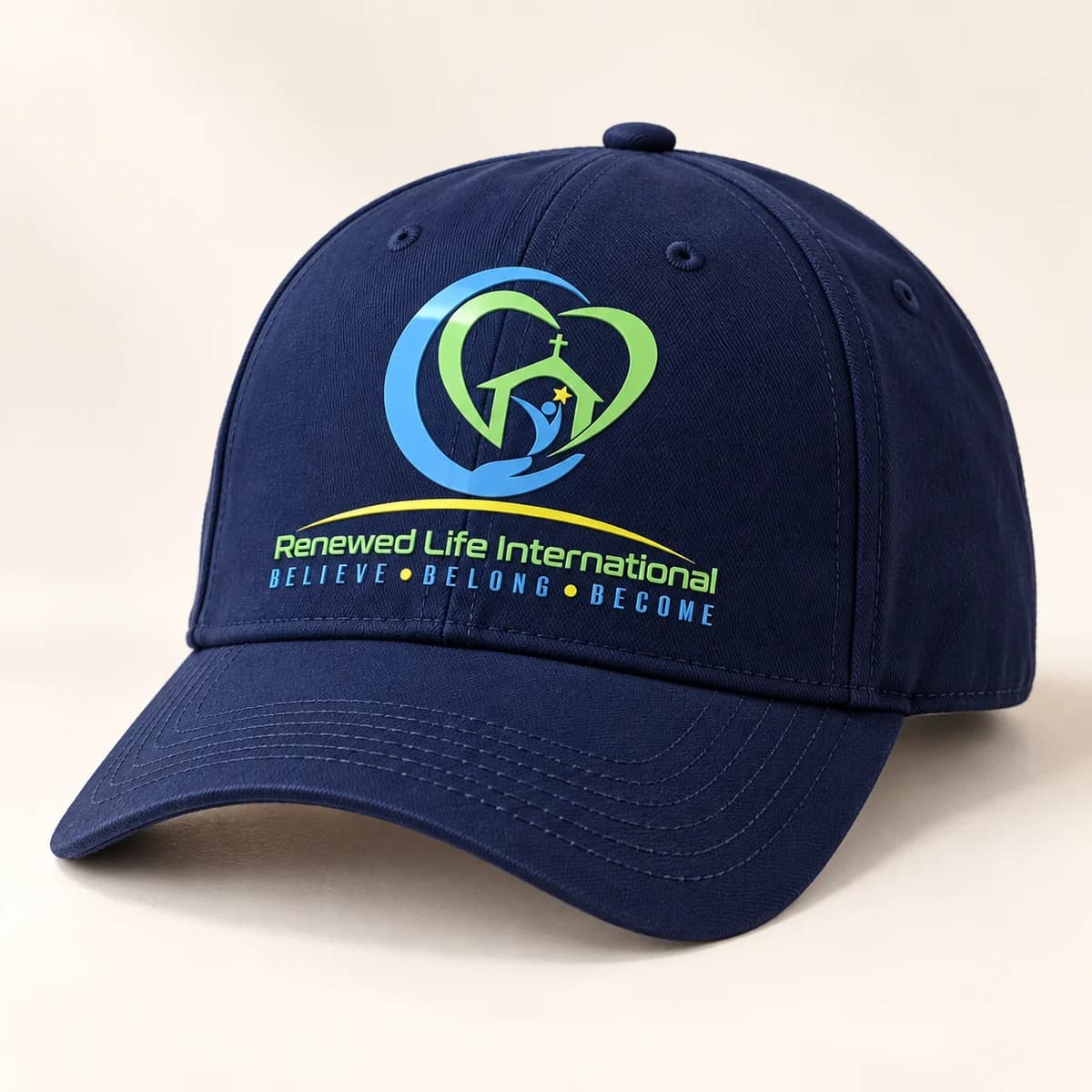 Church logo — navy cap — product visualization