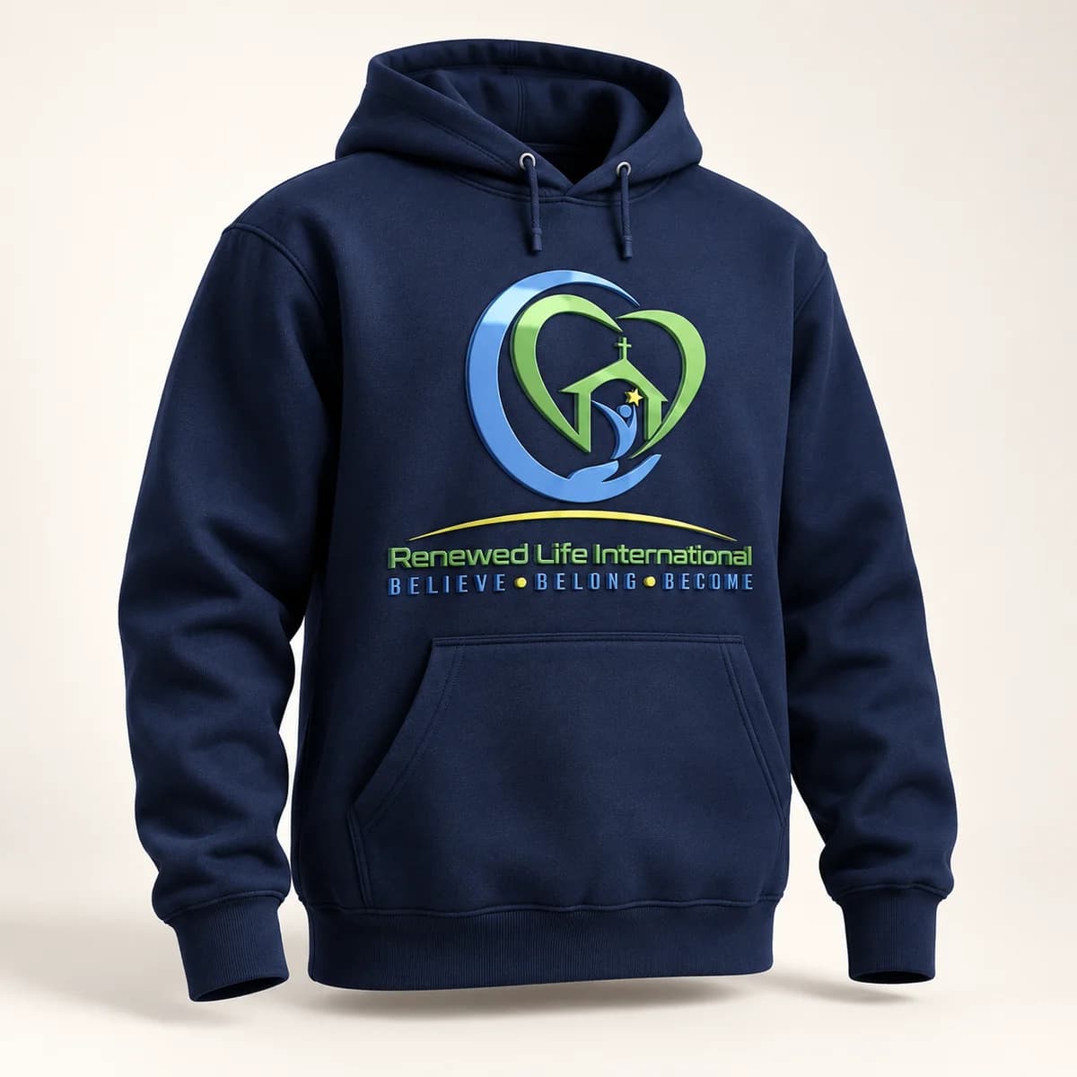 Church logo — navy hoodie — product visualization