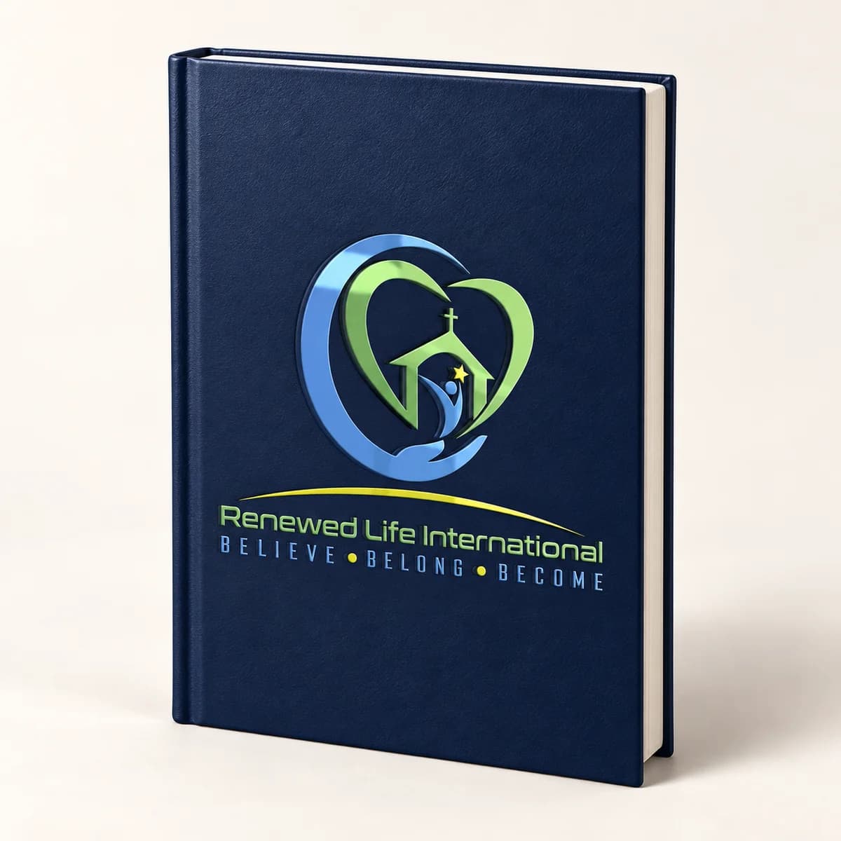 Church logo — navy journal — product visualization