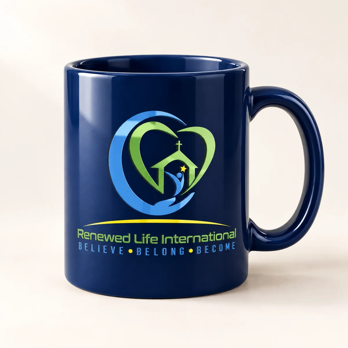 Church logo — navy mug — product visualization