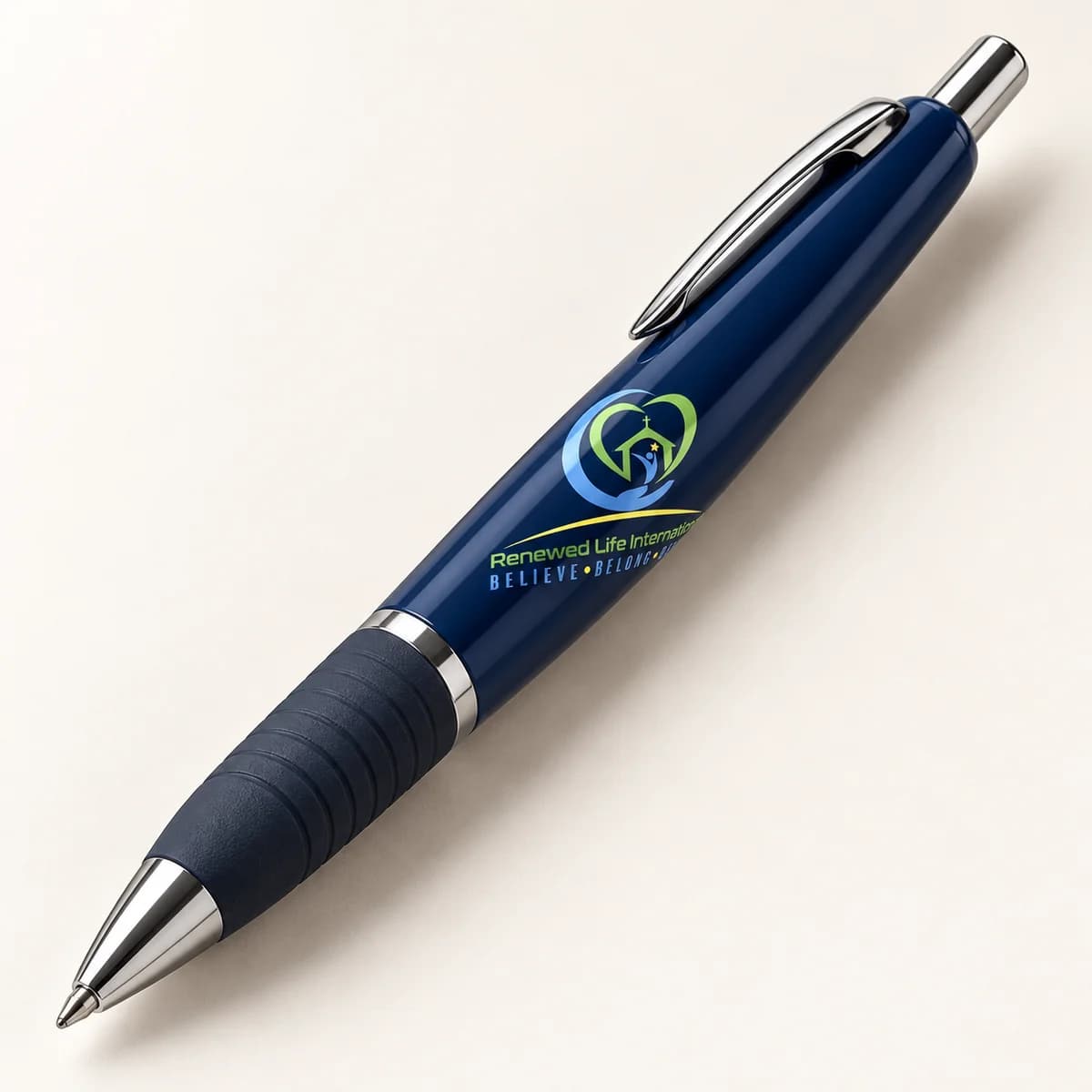 Church logo — navy pen — product visualization