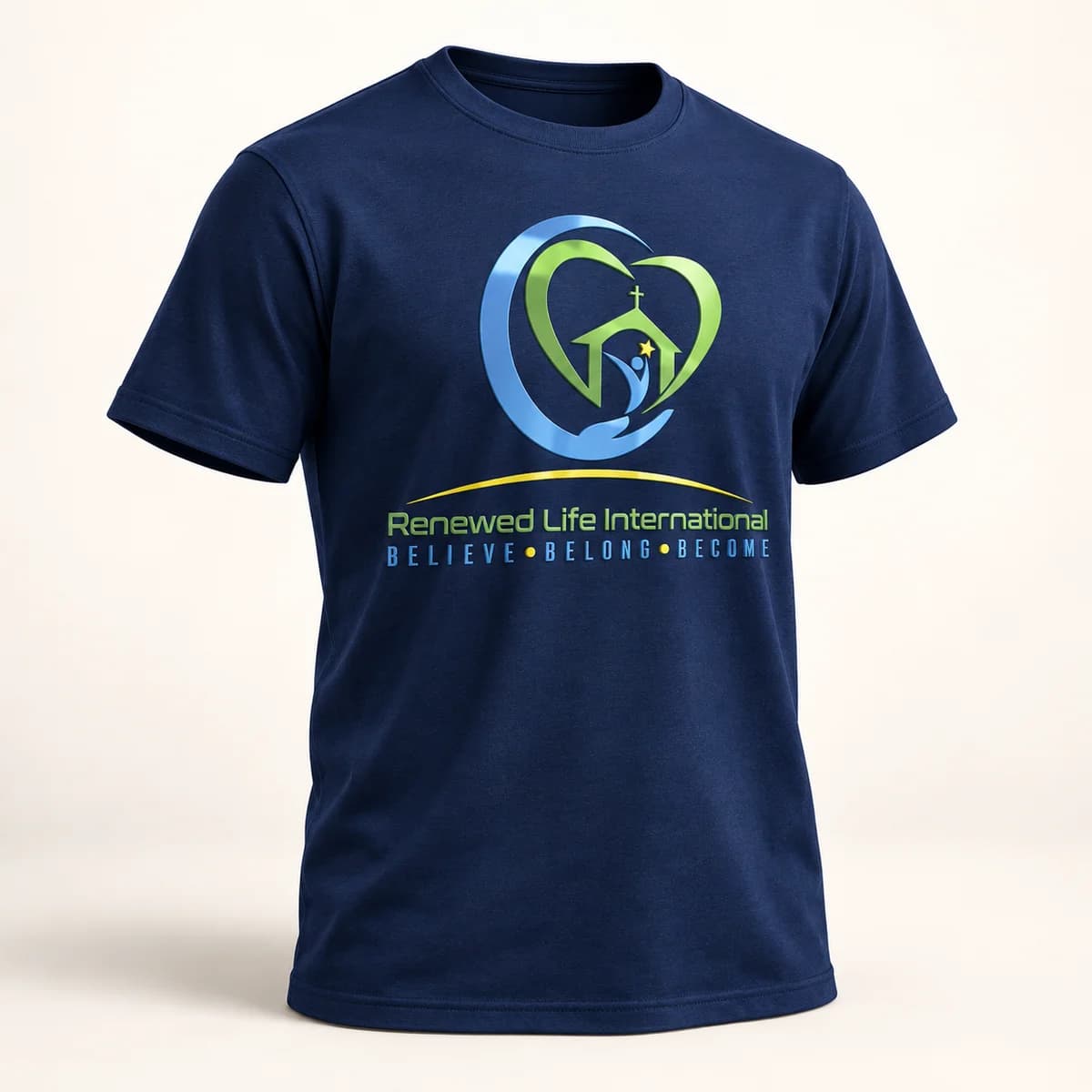 Church logo — navy T-shirt — product visualization