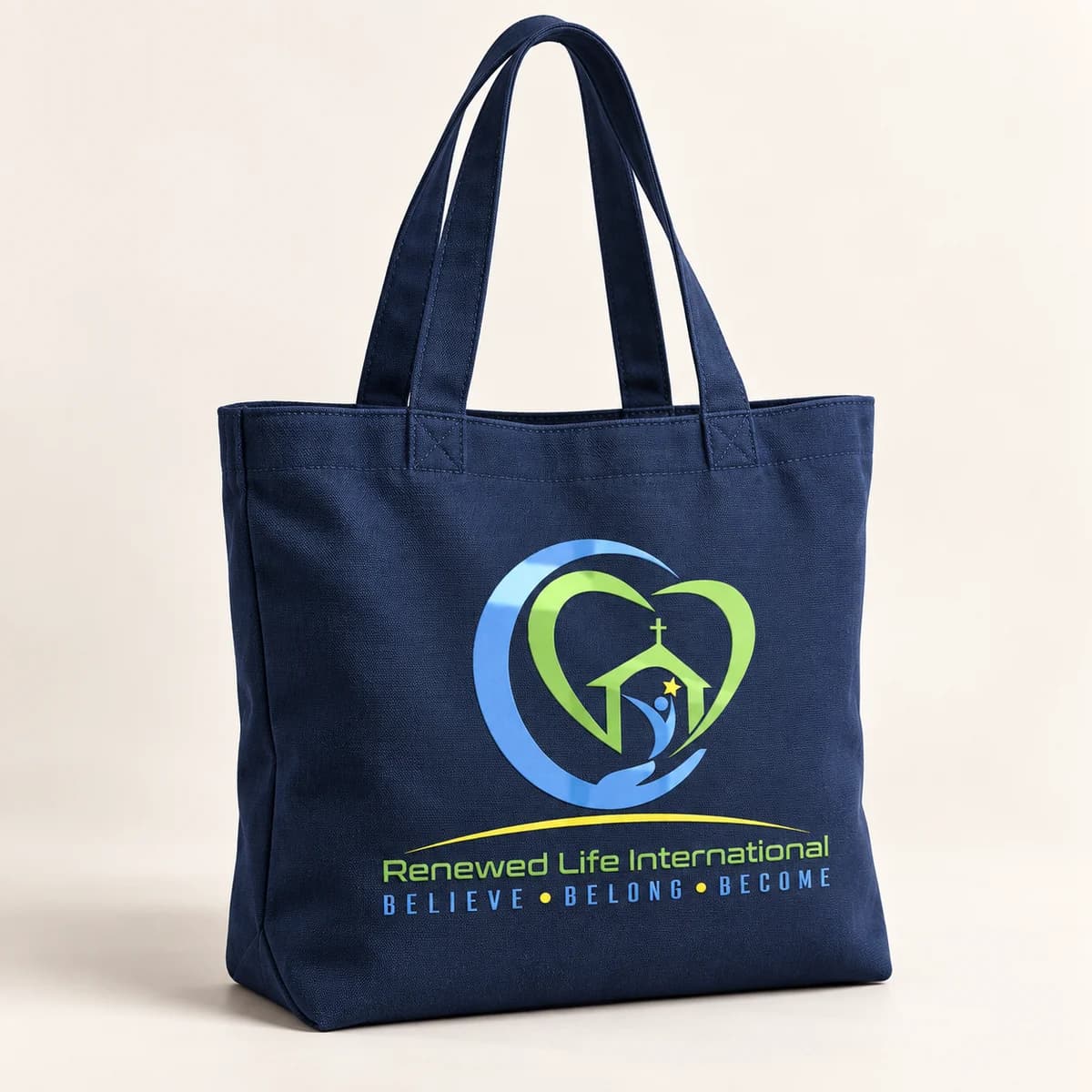 Church logo — navy tote bag — product visualization