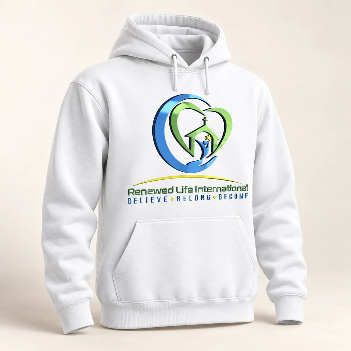 Church logo — white hoodie — product visualization