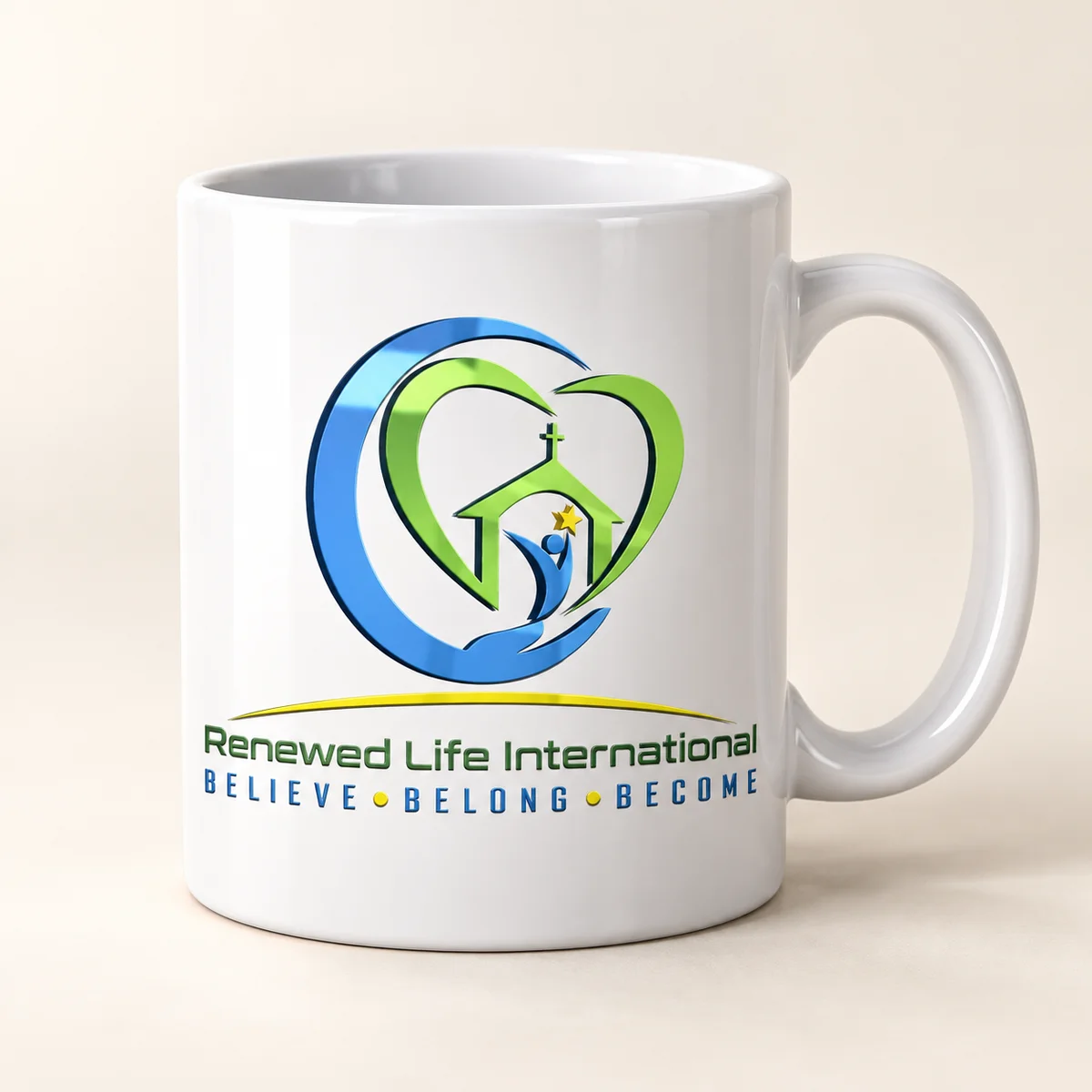 Church logo — white mug — product visualization