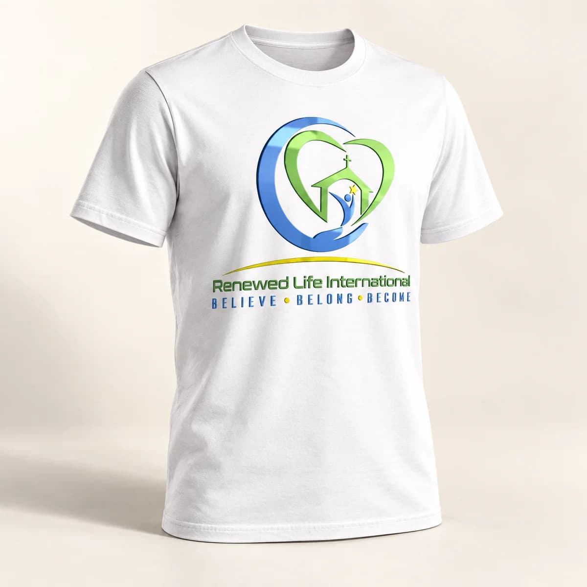 Church logo — white T-shirt — product visualization