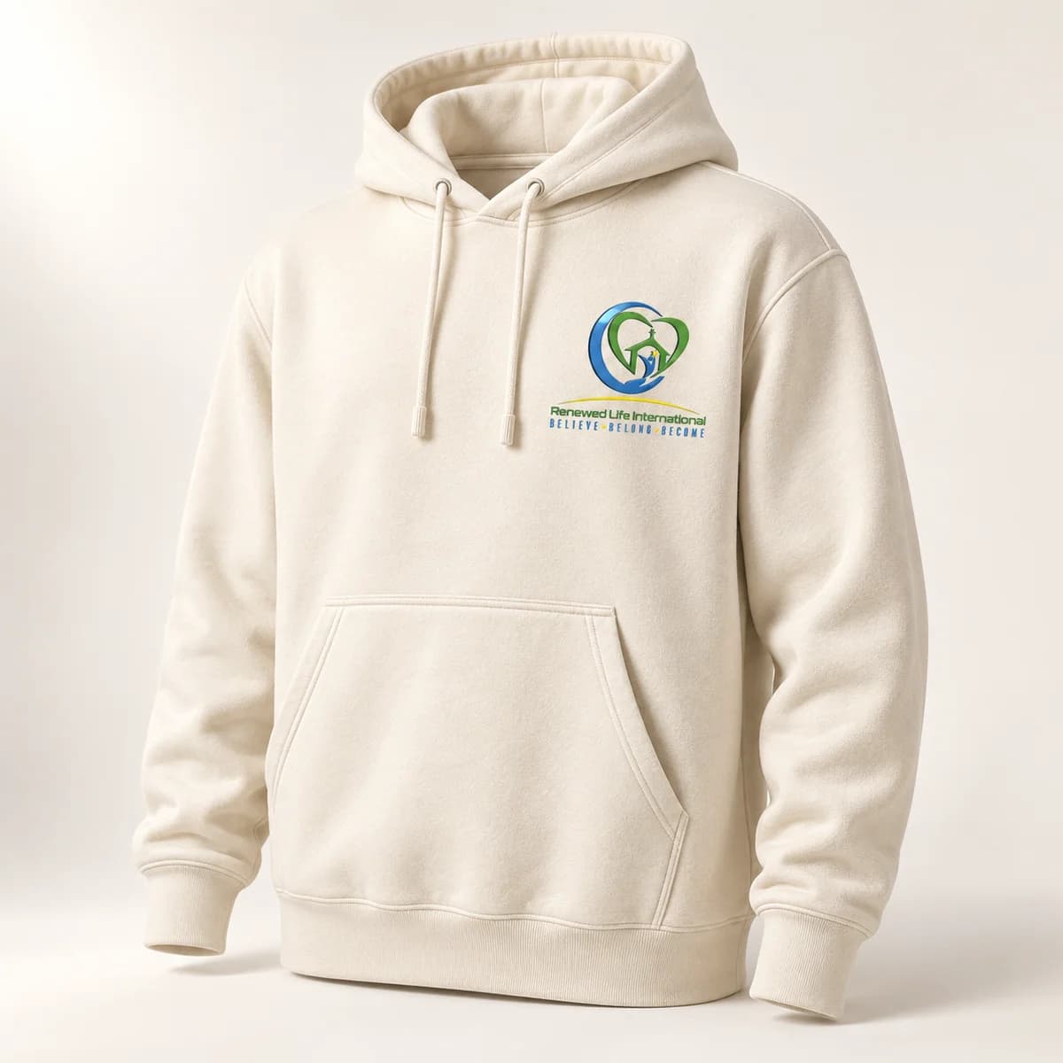 Church logo — cream hoodie — product visualization