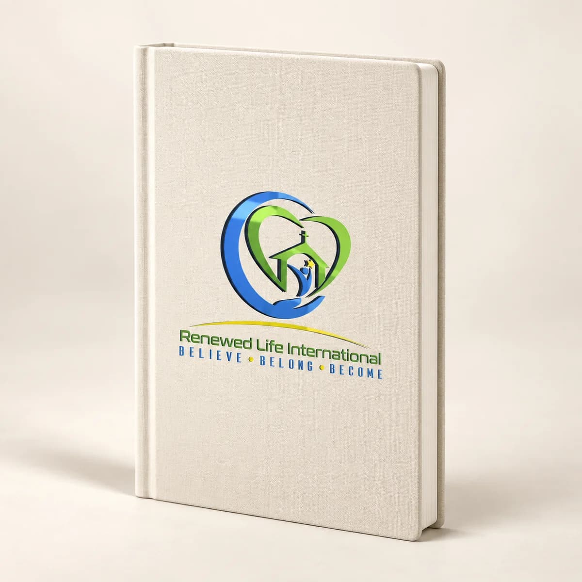 Church logo — cream journal — product visualization