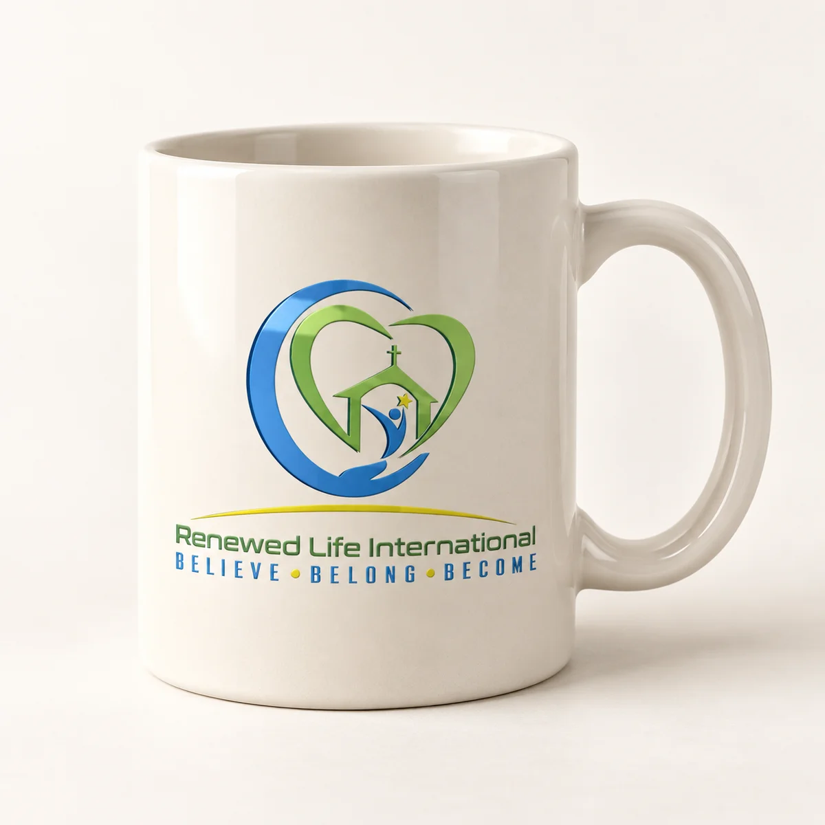 Church logo — cream mug — product visualization