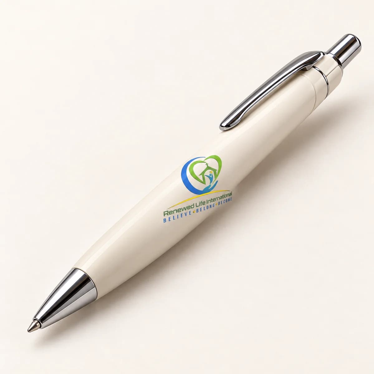 Church logo — cream pen — product visualization