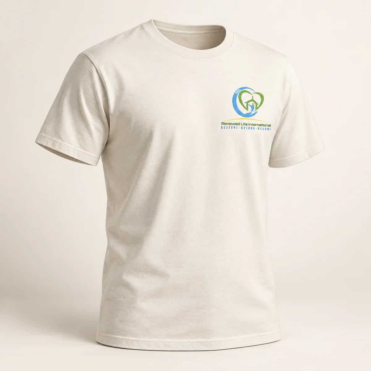Church logo — cream T-shirt — product visualization