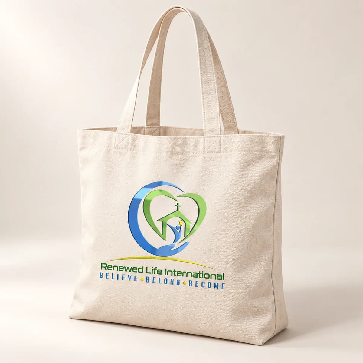 Church logo — cream tote bag — product visualization